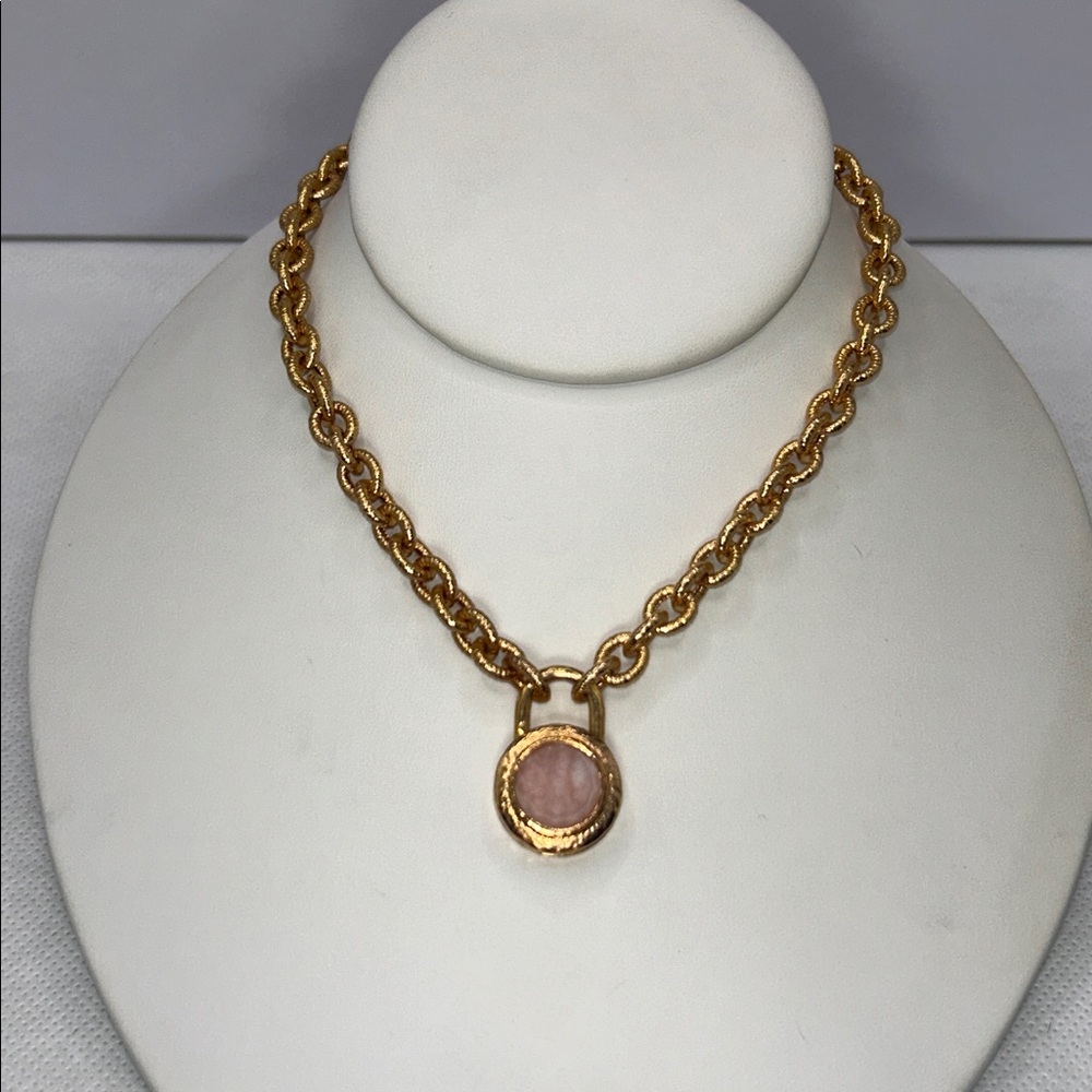 NWOT Rose Gold Plated Bronze Rose Quartz Doublet “Padlock” Necklace By Bellezza